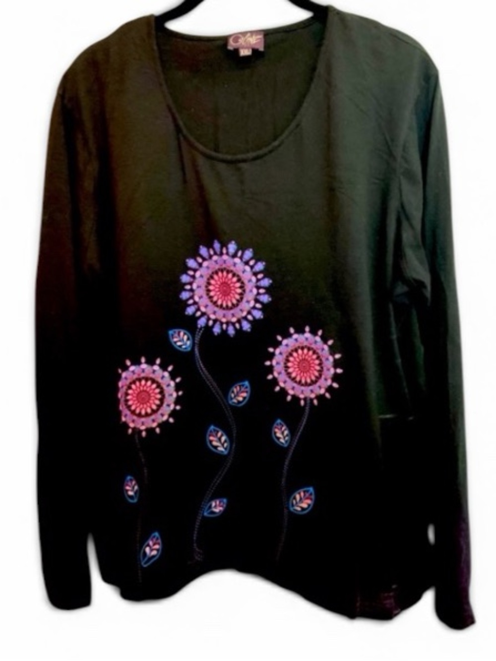 Black Floral Embroidered Long-Sleeve Top